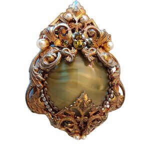 Vintage Miriam Haskell Green Swirl Stone & Pearl Gold Tone Brooch